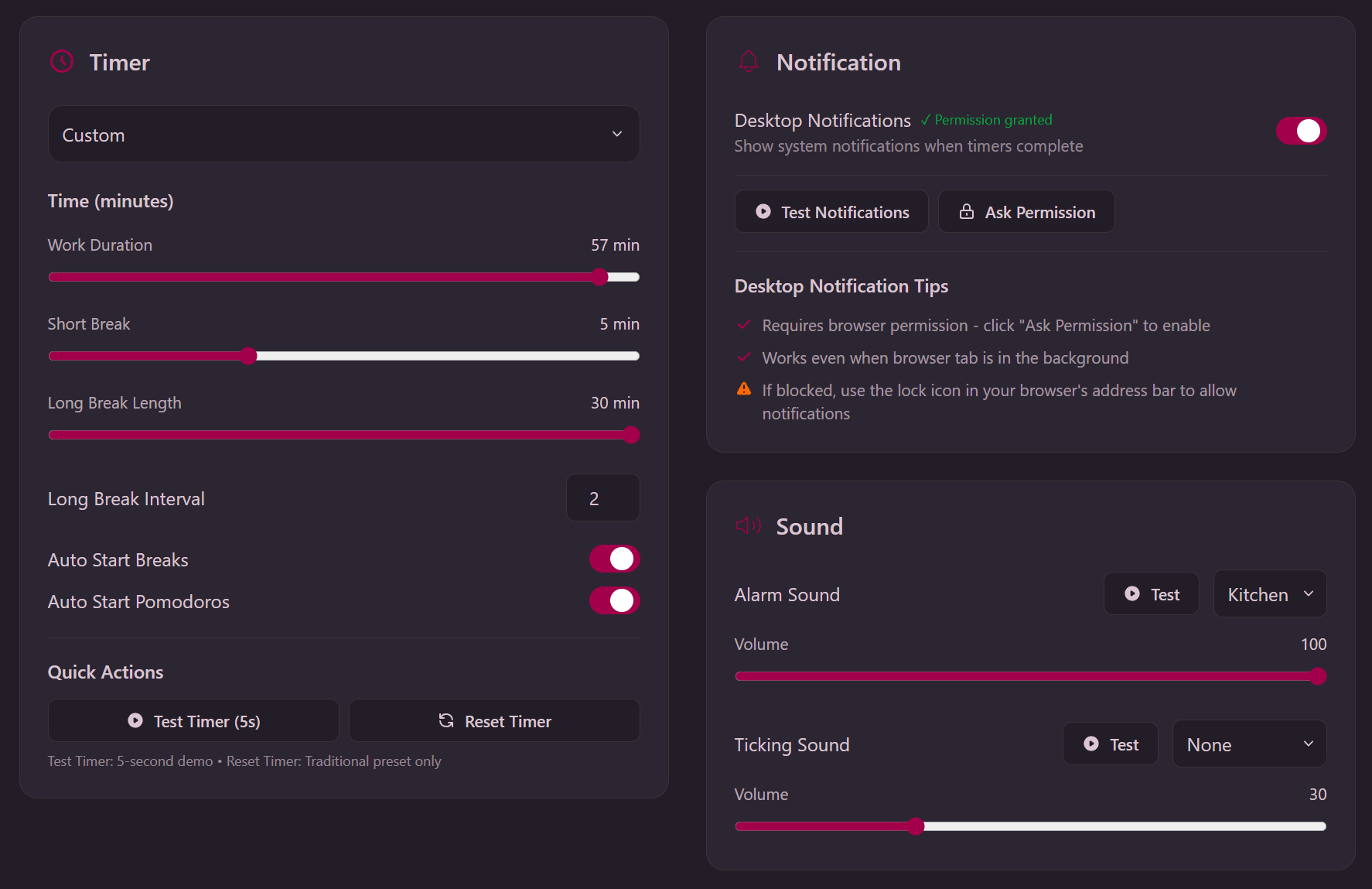Pomodo Pomodoro Timer settings panel showing preset options and customization controls